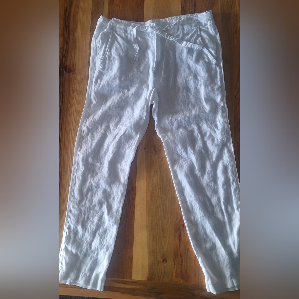 Toscano Firenze 100% Linen Medium Women's White Drawstring Pants Pockets Travel